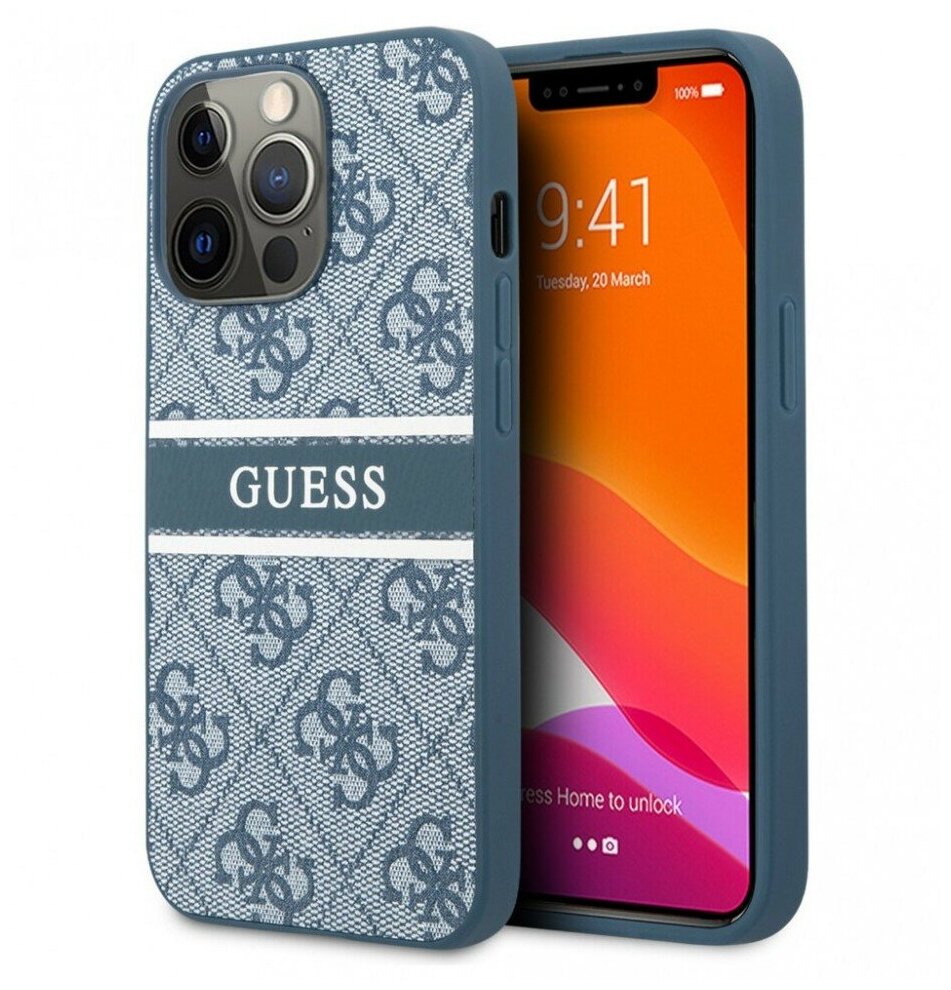 Guess для iPhone 13 Pro чехол PU 4G Stripe printed logo Hard Blue