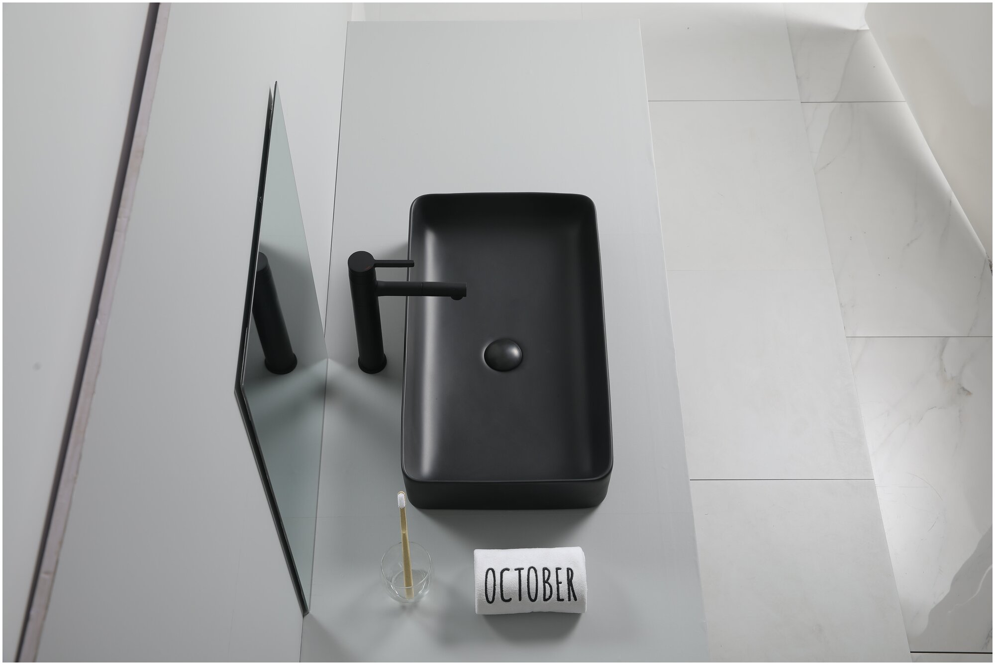 Накладная прямоугольная раковина 61х11,5х35,5см/керамика/черная/для ванны/с аксессуарами - фотография № 9