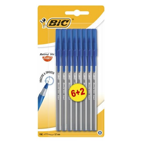 Ручки шариковые с грипом BIC Round Stic Exact набор 6+2 синие линия письма 0 28 мм блистер, 5 шт набор ручек шариковых 4 шт bic round stic exact резиновый упор 0 7 мм синие чернила блистер 2 шт