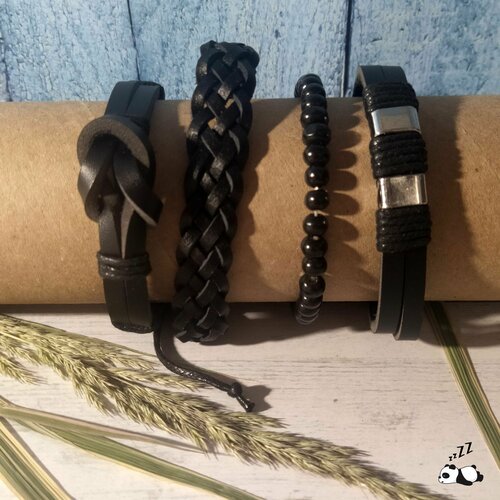 фото Плетеный браслет fashion jewelry, 4 шт., размер one size, серебряный, черный