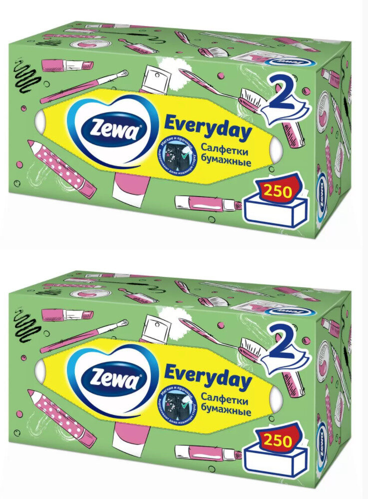 Салфетки бумажные Zewa Everyday, косметические, 2 слоя, 250 шт, 2 уп