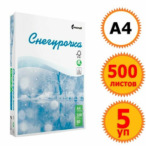 5 упаковок бумаги для офисной техники Снегурочка (А4, марка C, 80 г/кв. м, 500 листов)