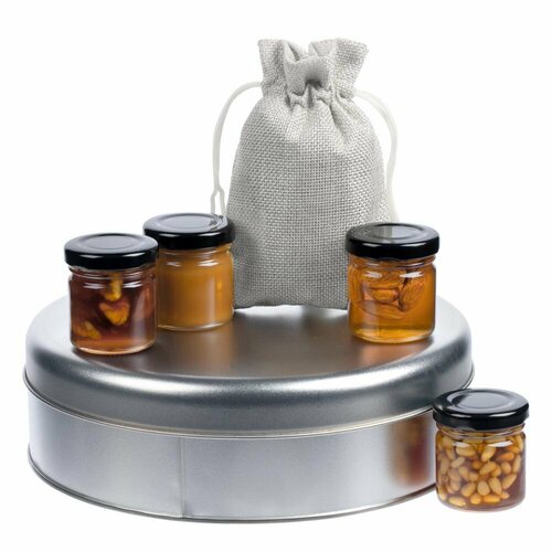 Набор Honey Taster, ver.2, белый, коробка: диаметр 21,6 см; высота 6,5 см, мед - стекло; мешочек - полиэстер 100%; коробка - жесть набор jammy taster бежевый