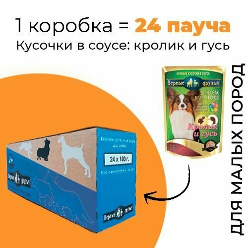 Упаковка 24 пауча для собак верные друзья Кролик, гусь для малых пород в соусе пакет дой пак верные друзья 100 гр кролик гусь для малых пород в соусе