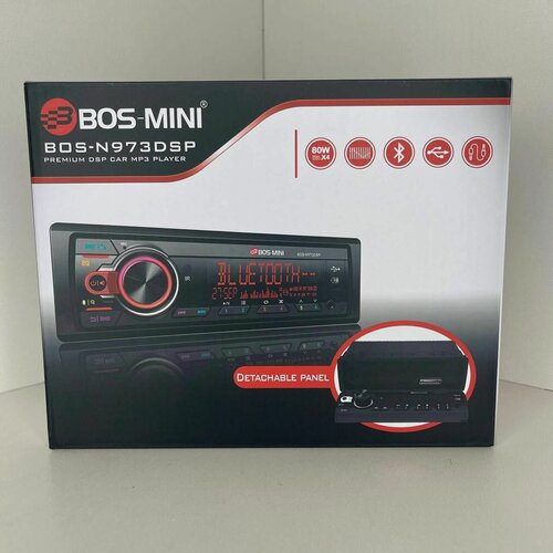 Изображение товара Процессорная автомагнитола DSP 9 RCA 1 din для авто BOS-N973 / мощность 80W расширенный эквалайзер / съемная панель / с Bluetooth, AUX, USB/ управление с приложения