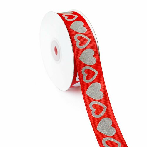 Лента репсовая с серебряным сердцем Красный / 2,5 см *22,85 м