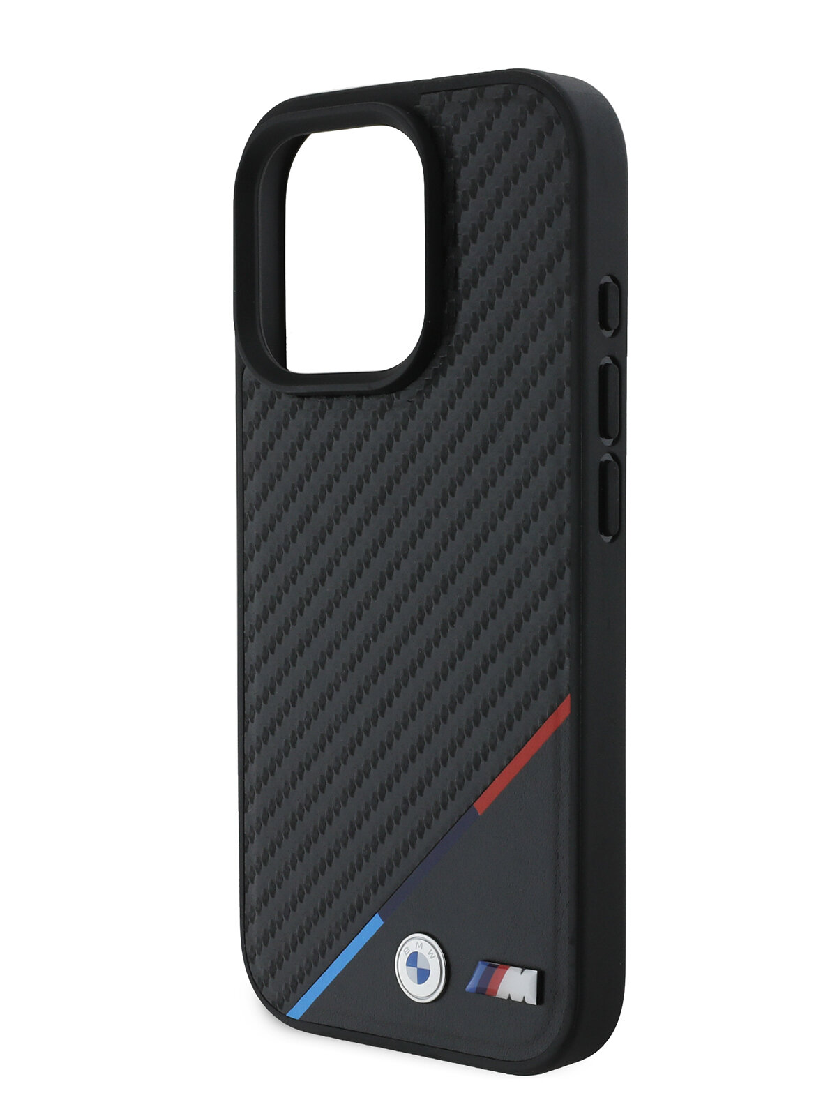 BMW для iPhone 16 Pro Max чехол PU Carbon Tricolor Metal logo Hard Black (MagSafe)