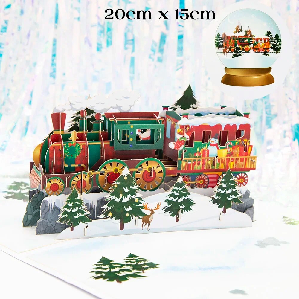 3D открытка с объемным поездом Santa Christmas