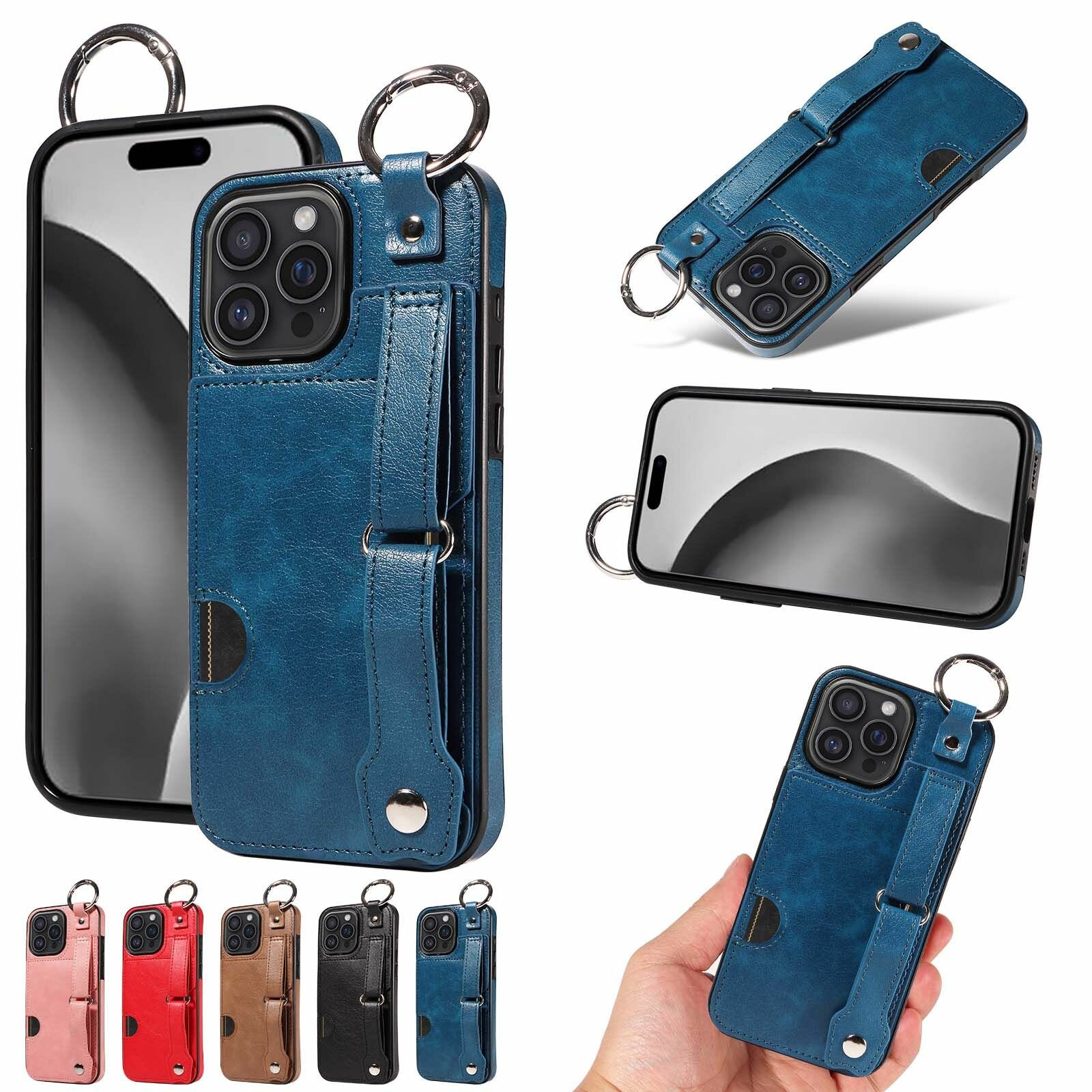 YIKATU Кожаный чехол для Apple iPhone 16 Pro Max (Эпл Айфон 16 Про Макс) с регулируемым ремешком на запястье/кольцевой пряжкой/ Держатель карты