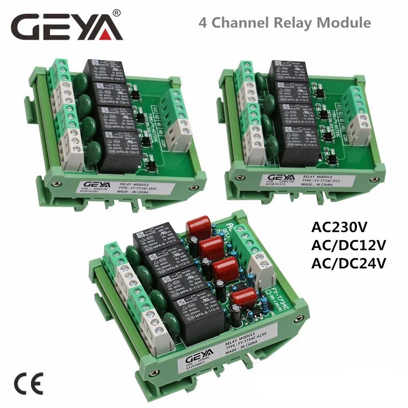 GEYA FY-T734 4-канальный релейный модуль 24В 12В, FYT734-24VACDC