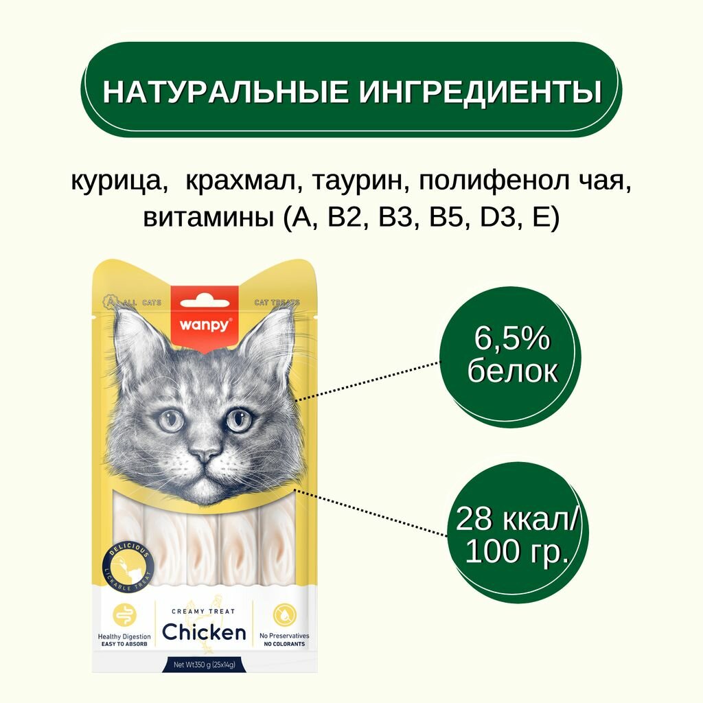 Wanpy Cat крем лакомство для кошек, нежное пюре из курицы 25 шт х 14 г — фото 1