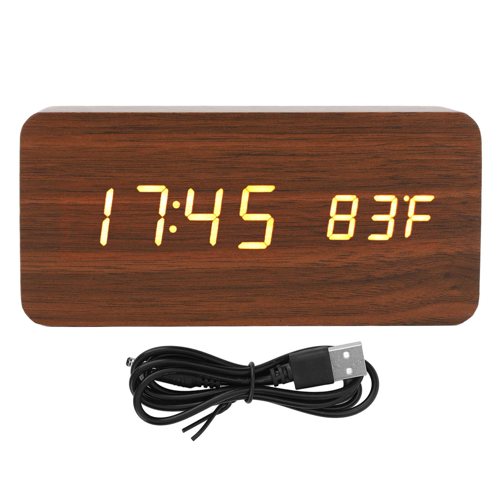 LED Wood Digital Alarm Clock 3 Level Brightness Electronic with Temp Humidity Display for Bedroom Office