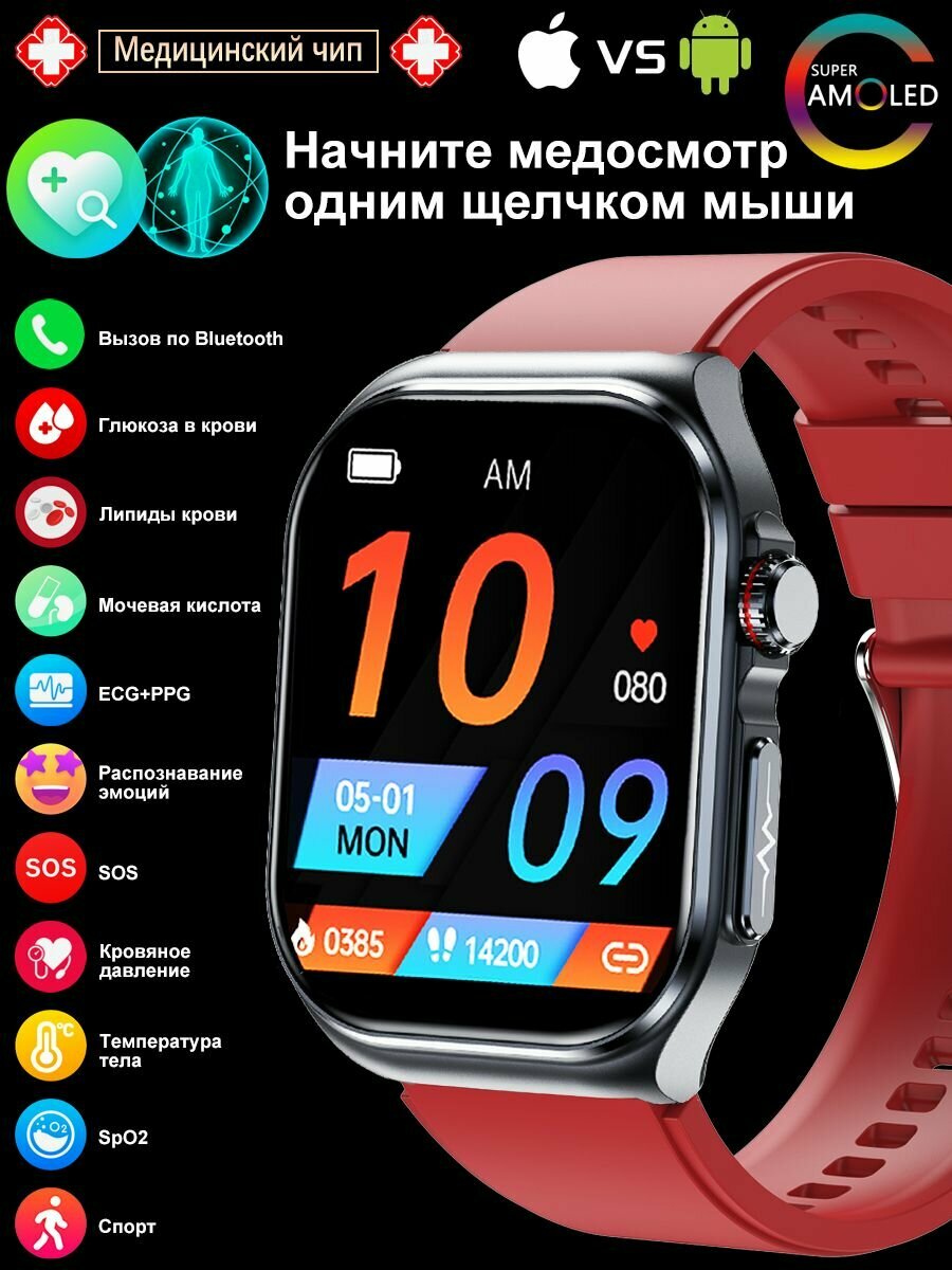 Умные часы с ЭКГ, анализом сахара в крови и давлением, AMOLED-экран,530 мАч, Новинка 2025