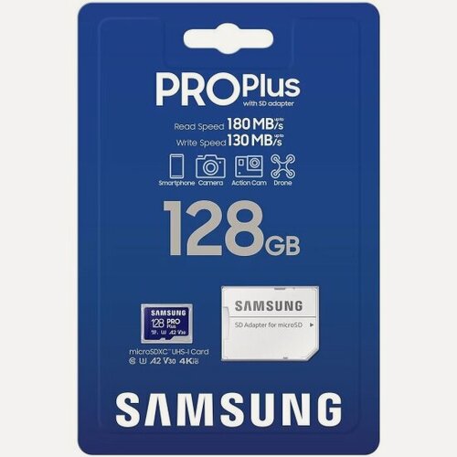 Изображение товара Карта памяти Samsung microSDXC 128Gb Pro Plus UHS-I U3 V30 A2 (180/130 Mb/s)