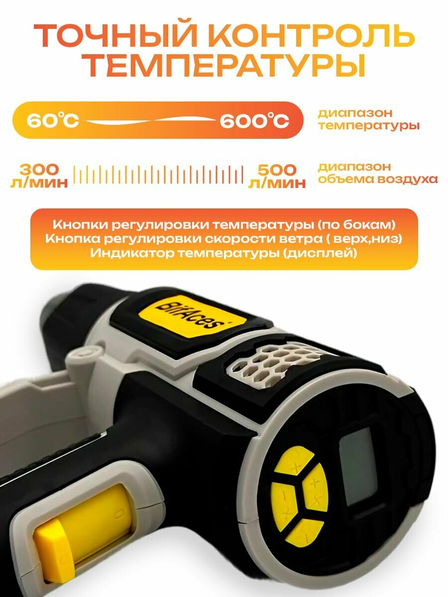 Фен строительный Bifaces AHG-2000-D, ЖК-дисплей, 2000 Ватт, 60-600 градусов, 4 насадки — фото 1