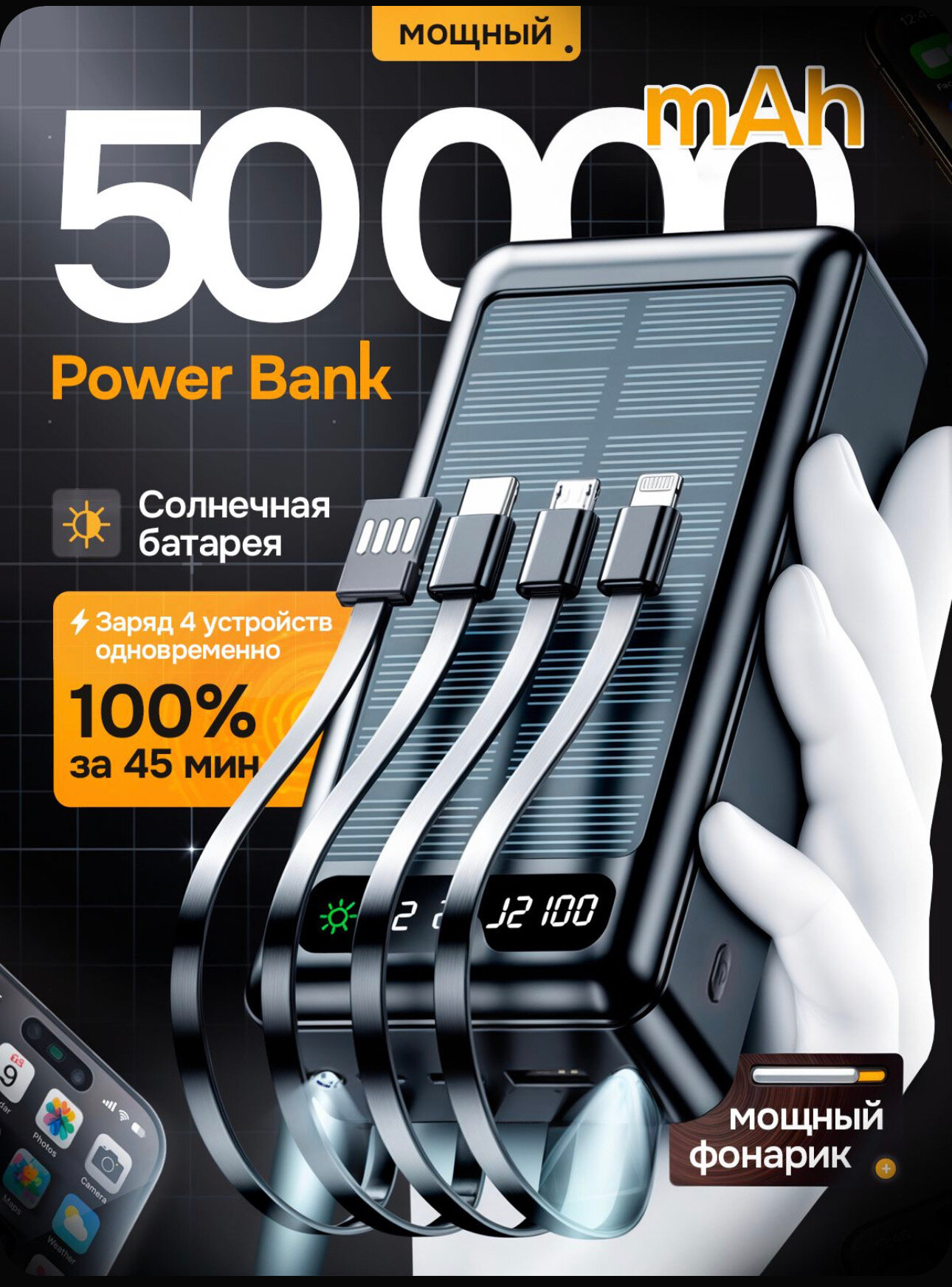 Powerbank "SOLAR ENERGY" 50000 mAh со Встроенными кабелями, Cолнечная батарея/Power bank solar energy/ внешний аккумулятор