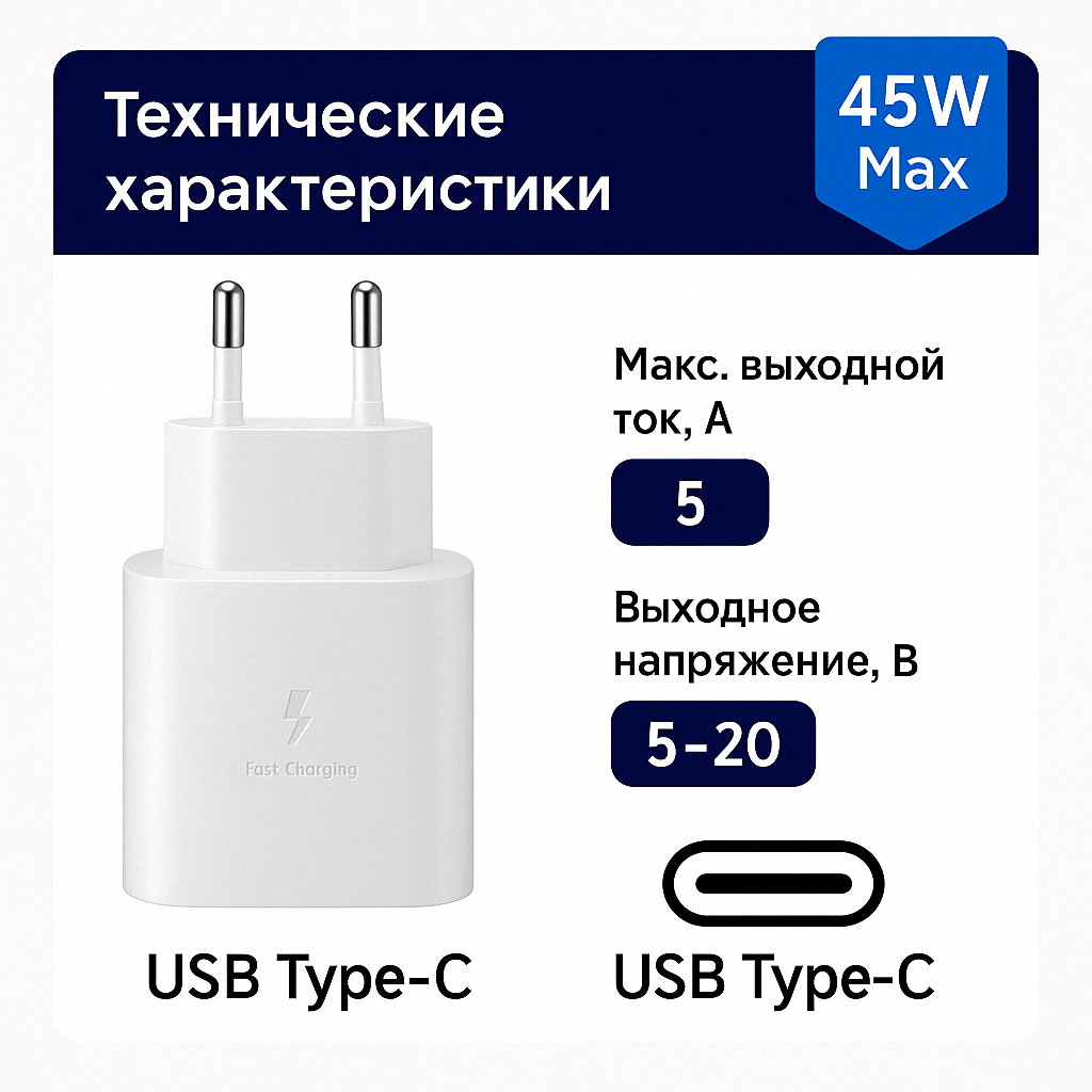 Зарядное устройство 45W Samsung TA845 Очень быстрая зарядка (Белый) — фото 1