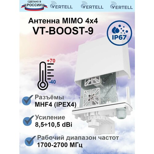 Vertell внешняя антенна VT-BOOST-9 MIMO 4х4 до 10, 5 dBi для модема или роутера с MHF4, размер 180 х 64 х 157 мм