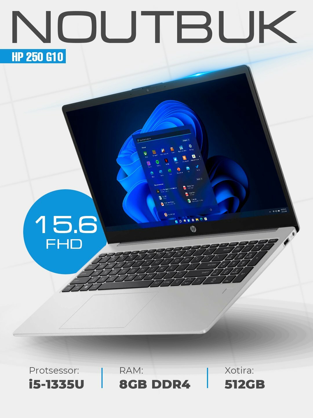 Ноутбук HP 250 G10 8A5C8EA, экран 15", SSD 512 Гб, Intel Core i3 — фото 1