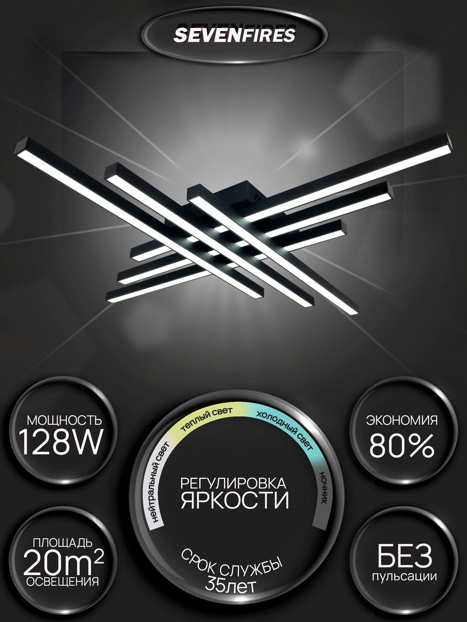 Люстра потолочная светодиодная Семь Огней  черная с пультом  до 20 кв  м 