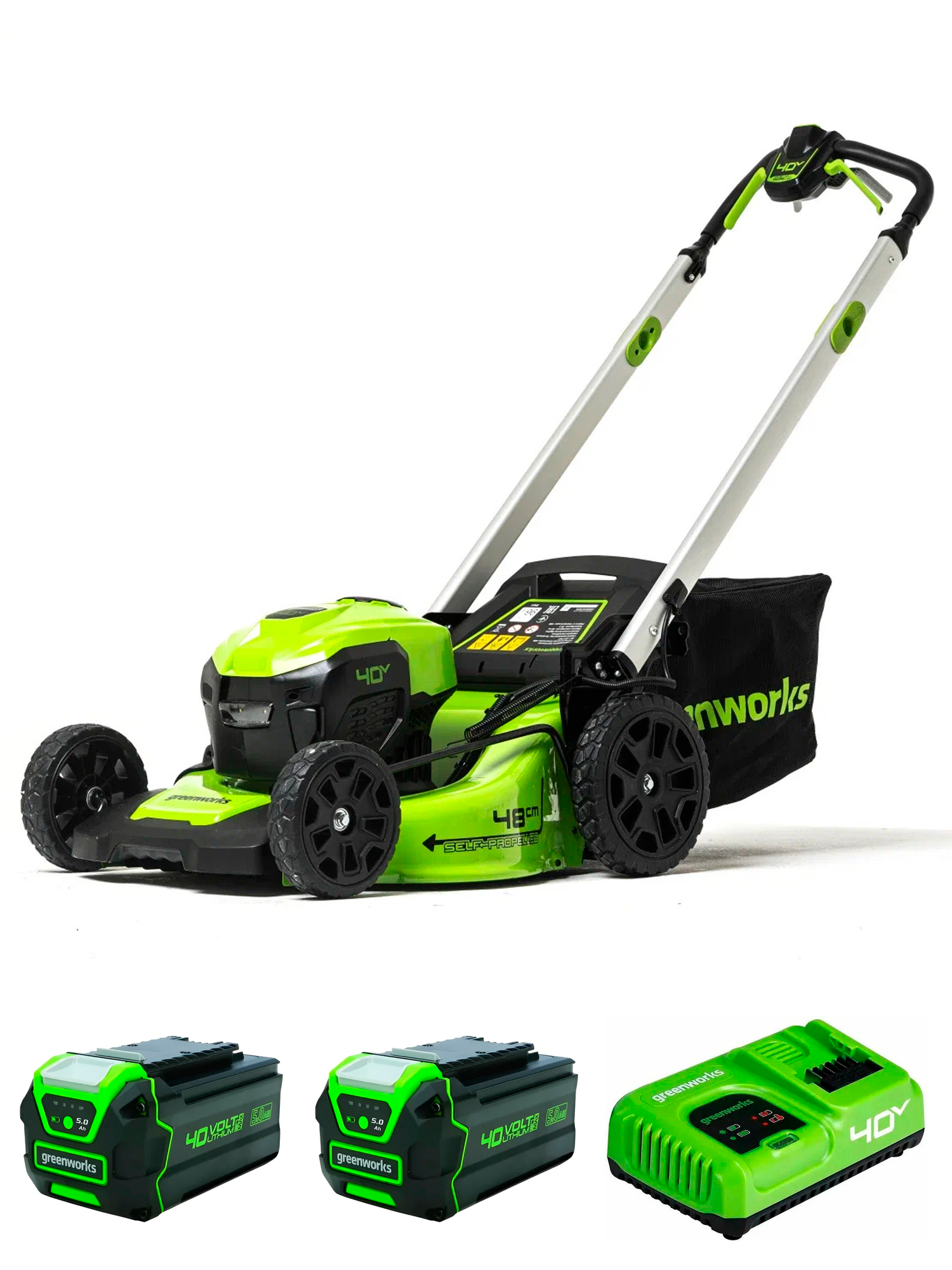 Газонокосилка аккумуляторная Greenworks GD40LM48SP 40V, бесщеточная, самоходная, ширина скашивания 48 см, комплект 2 АКБ 5 Ач + быстрое ЗУ
