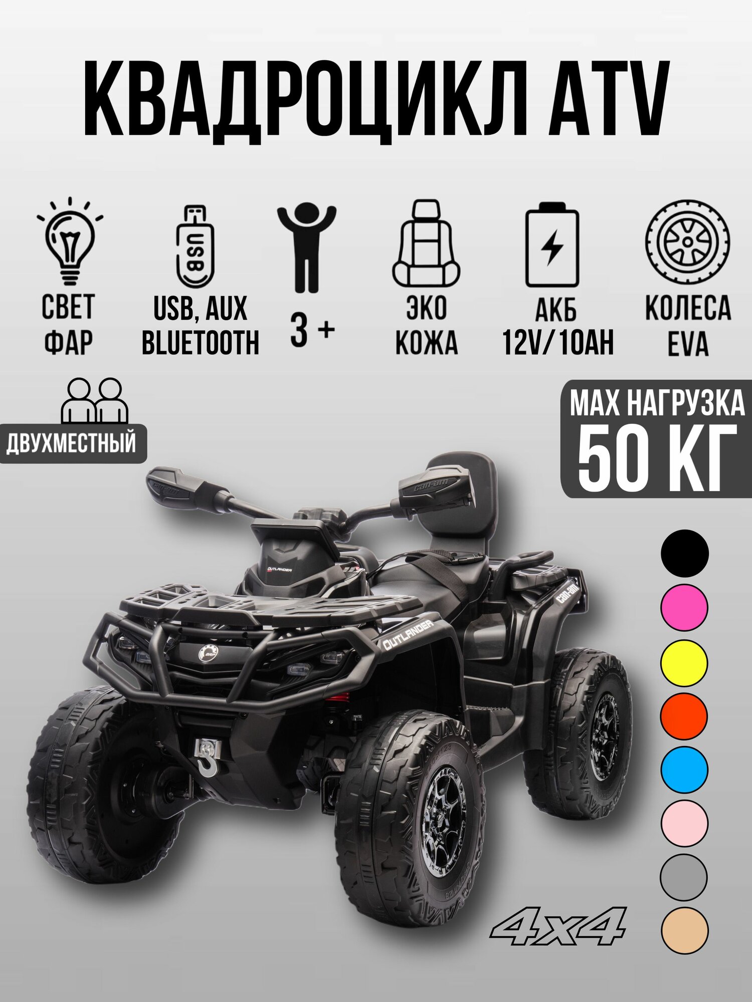 Двухместный детский электроквадроцикл BRP Can-Am Outlander + пульт
