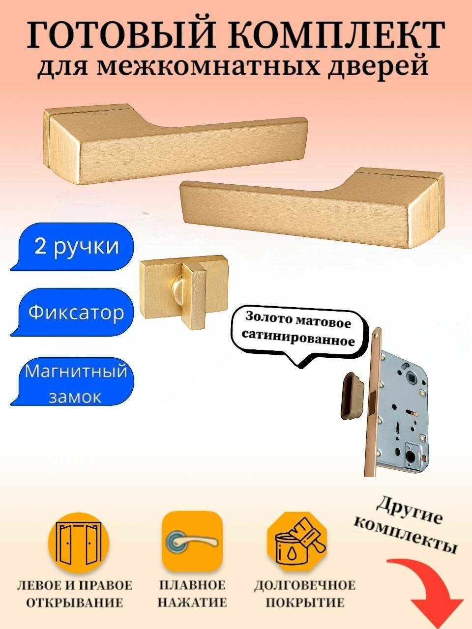 Ручка дверная межкомнатная Renz INDH_317-01_SSG_UN, золото матовое сатинированное (ручка + фиксатор + магнитный замок)