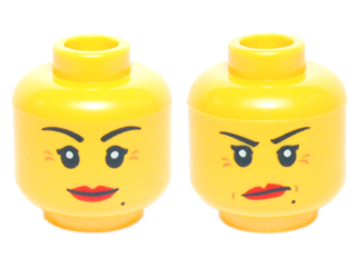 Minifigure, Head Dual Sided Female Red Lips, Crow's Feet and Beauty Mark, Smile / Annoyed with Short Frown Lines Pattern, 3626pb1350 Yellow U