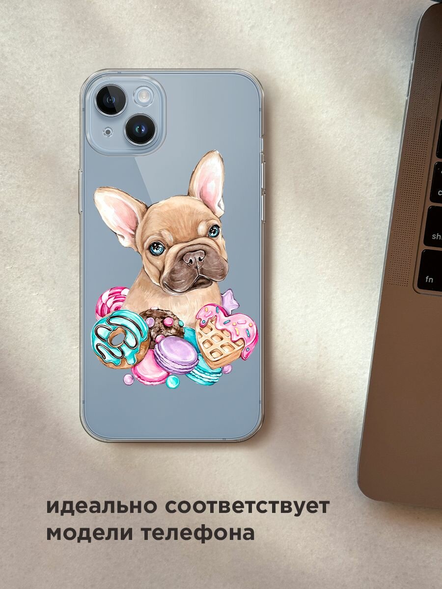 Чехол на Apple iPhone 14 Plus / Айфон 14 Плюс с принтом "Бульдог и сладости", прозрачный — фото 1