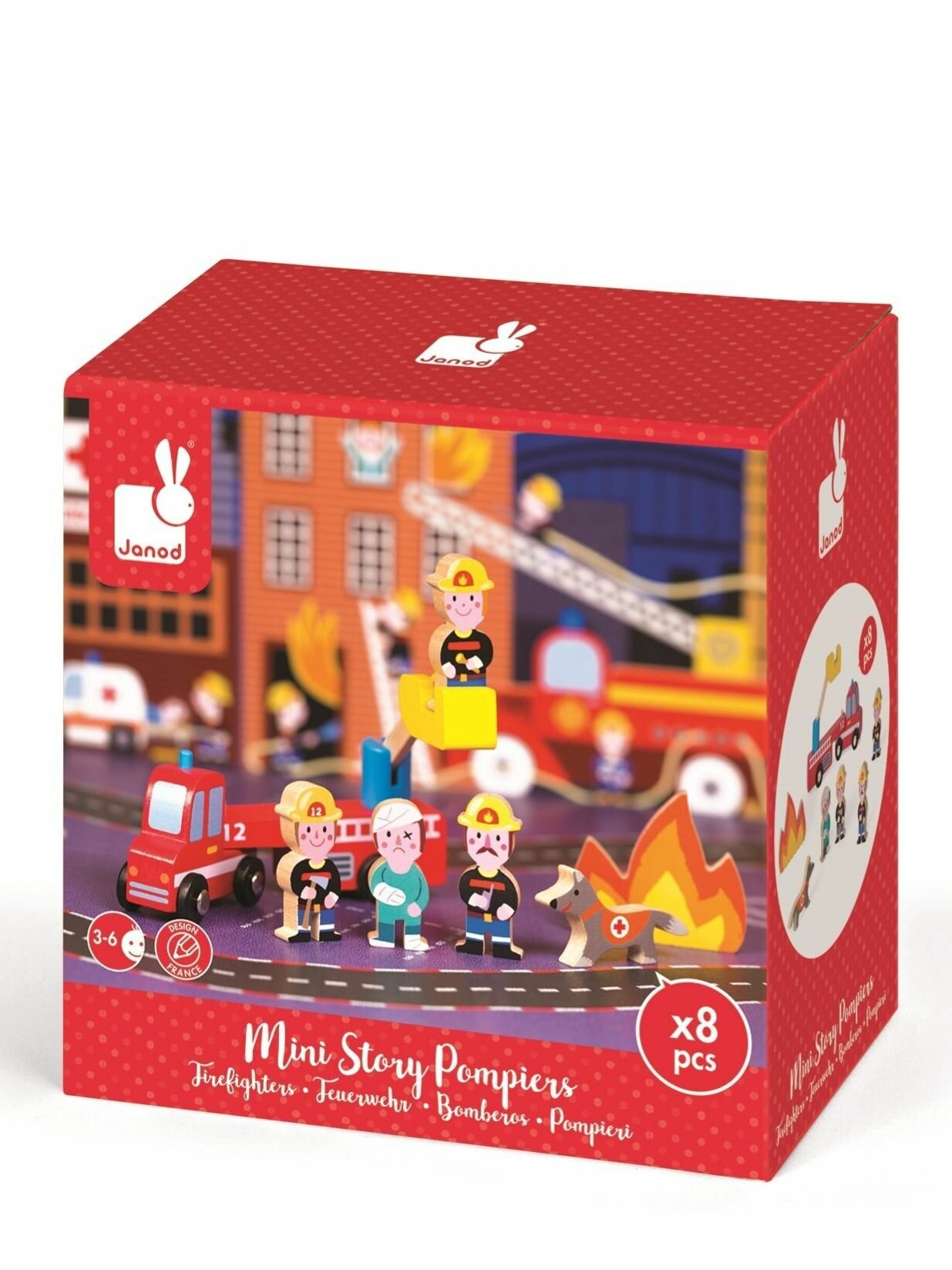 JANOD Набор деревянных фигурок Маленькие истории. Пожарные 8 элементов для детей от 3 лет