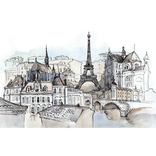 Моющиеся виниловые фотообои GrandPiK Акварель Франция Париж Эйфелева башня, 420х290 см