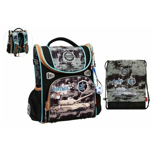 Ранцы и рюкзакиШкольный текстильРанец стандарт раскладной 35 х 22 х 12 см наполнение мешок брелок черныйголубой 7224₽