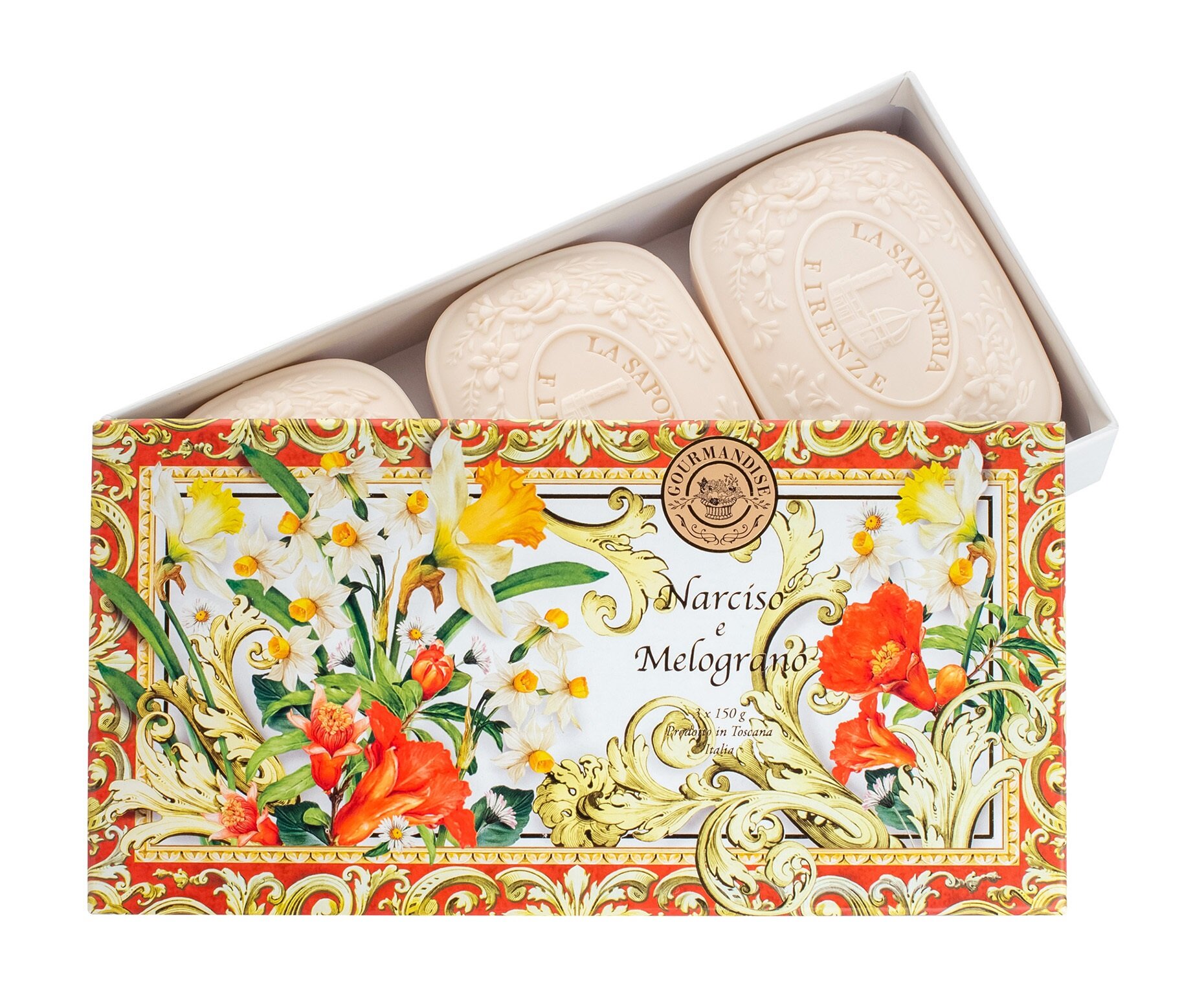 GOURMANDISE Набор натурального парфюмированного мыла Нарцисс и Гранат, 3х150 г