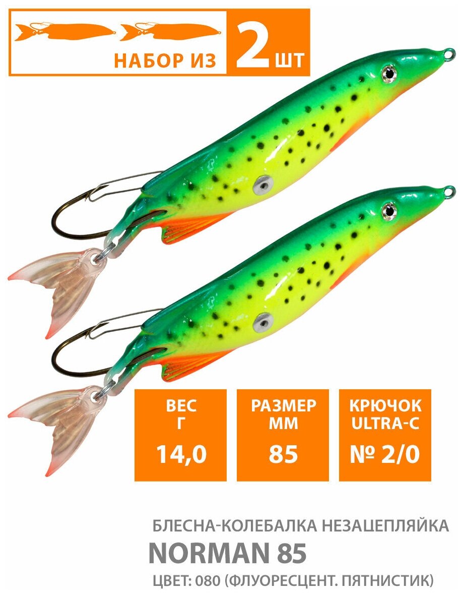 Блесна колебалка незацепляйка для рыбалки AQUA Norman 85mm 14g цвет 080 2шт