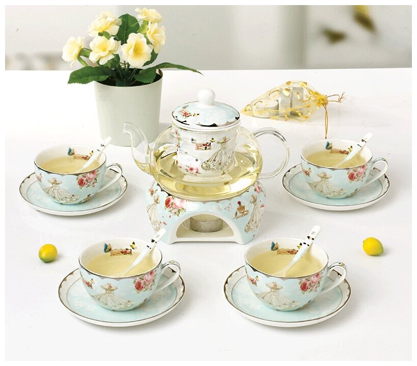фото Чайный сервиз на 4 персоны/14 предметов/Чайник 500 мл, Подставка под чайник с подогревом, Чашки - 4 шт 150 мл, Блюдца - 4 шт, Ложки - 4 шт