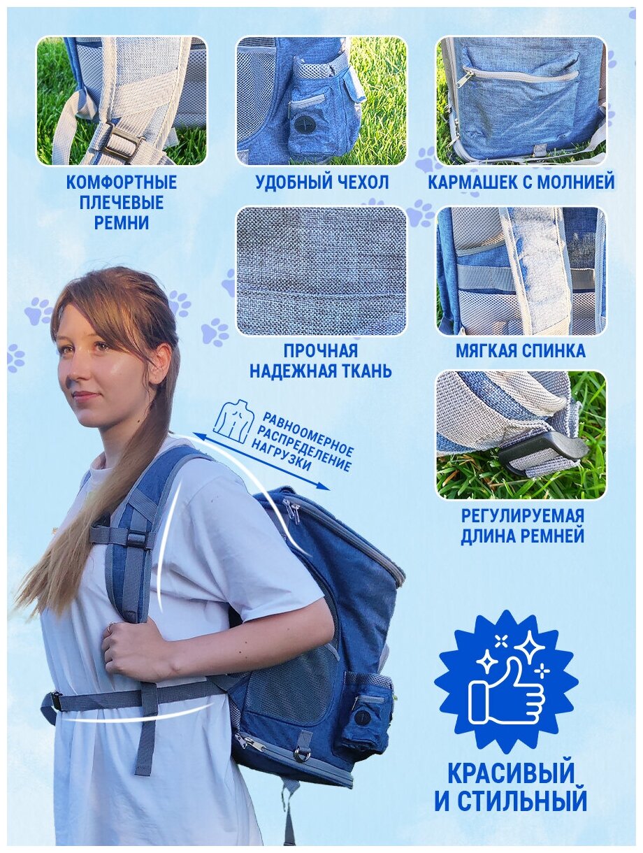 Рюкзак переноска для кошек и собак, LDLC, QS-002-L, синий джинс - фотография № 3
