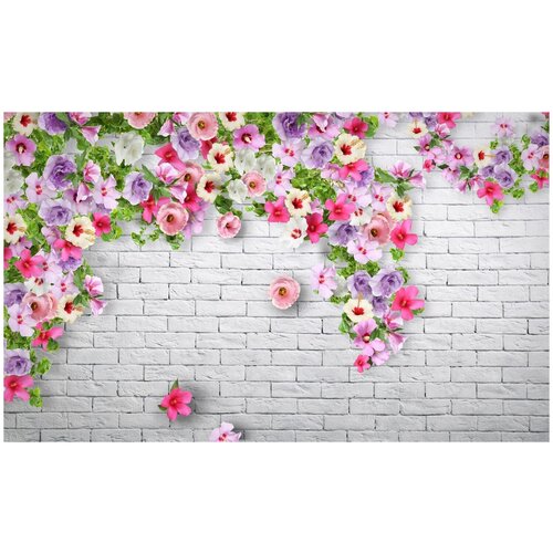 Фотообои Уютная стена Вьющиеся цветы на кирпичной стене 450х270 см Бесшовные Премиум (единым полотном)
