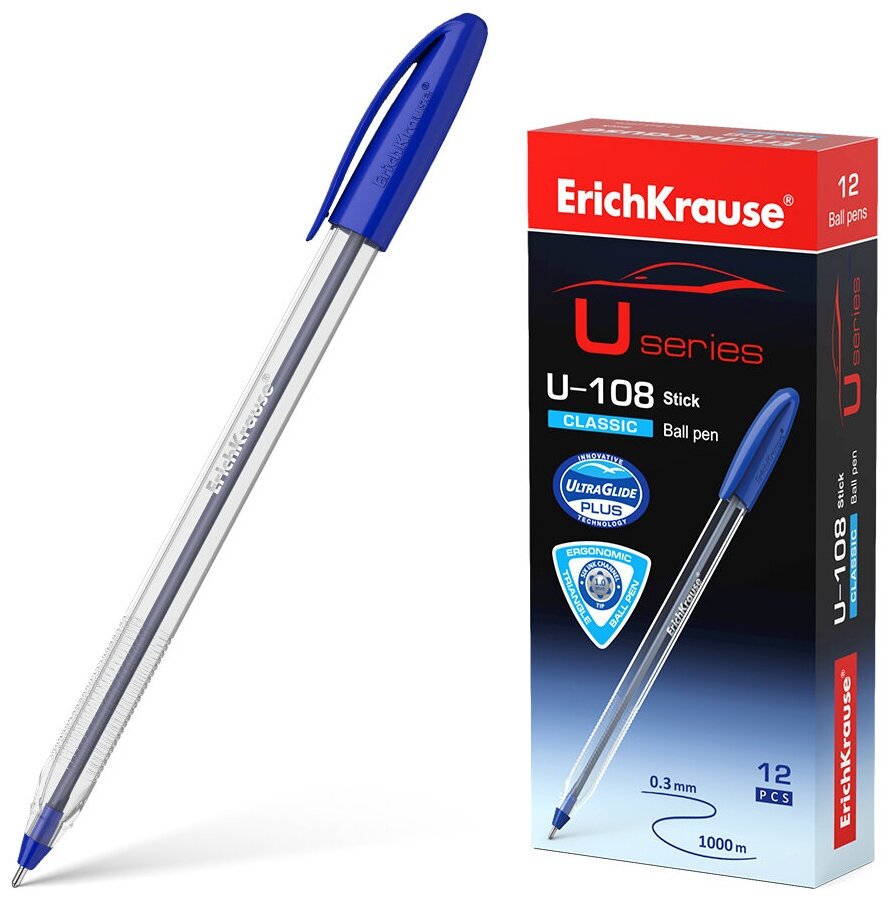 Набор ручек шариковых 12шт. ErichKrause U-108 Classic Stick 1.0, Ultra Glide Technology, синие чернила, в (1уп/12шт)