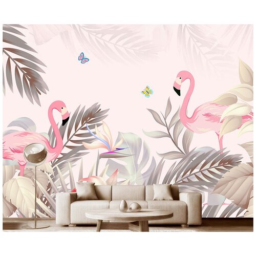 Фотообои на стену детские Модный Дом Розовые фламинго в тропиках 350x270 см (ШxВ)