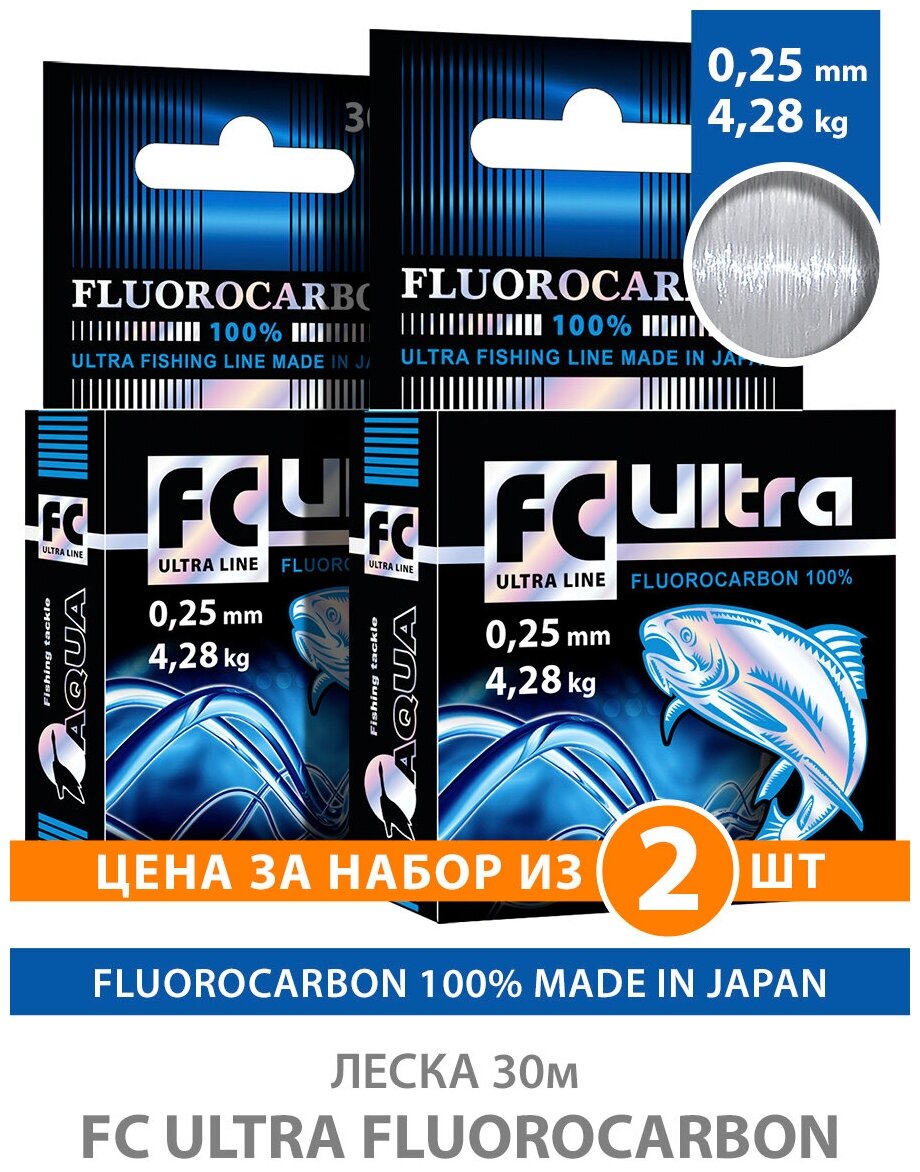 Леска AQUA FC Ultra Fluorocarbon (флюорокарбон) 100% 0.25mm 30m 4.28kg прозрачный 2шт