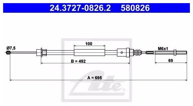 ATE 24.3727-0826.2 Трос руч. тормоза зад. лев. PEUGEOT 406 95-04