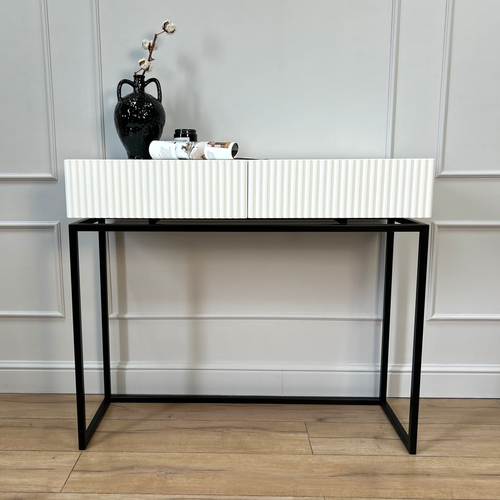 Туалетный столик консольный белый МДФ эмаль, консоль в прихожую с ящиками на черных ножках, Marsele 100х36х87 см