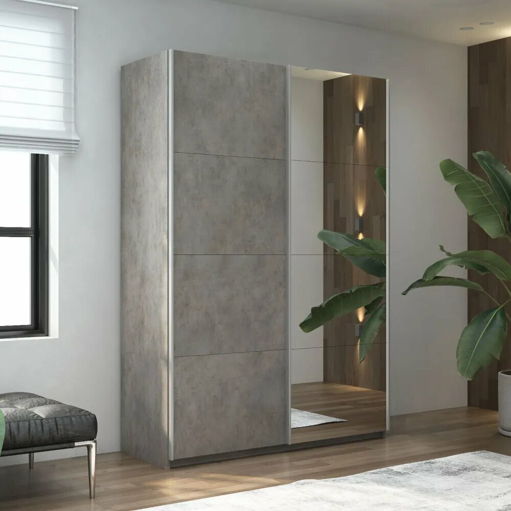 Шкаф-купе Прайм 2-x дв 140 x 230 x 57 ЛДСП Зеркало Бетон с доводчиками