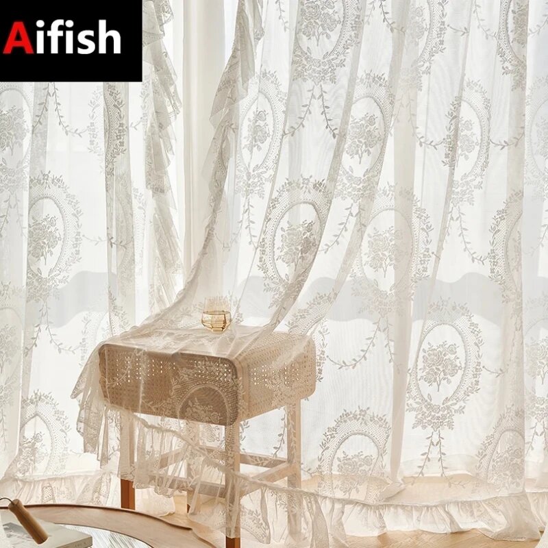 AiFish белые просвечивающие шторы из полиэстера 1PC W150 x H260cm Pull Pleated Tape Белый Цельный без шеста