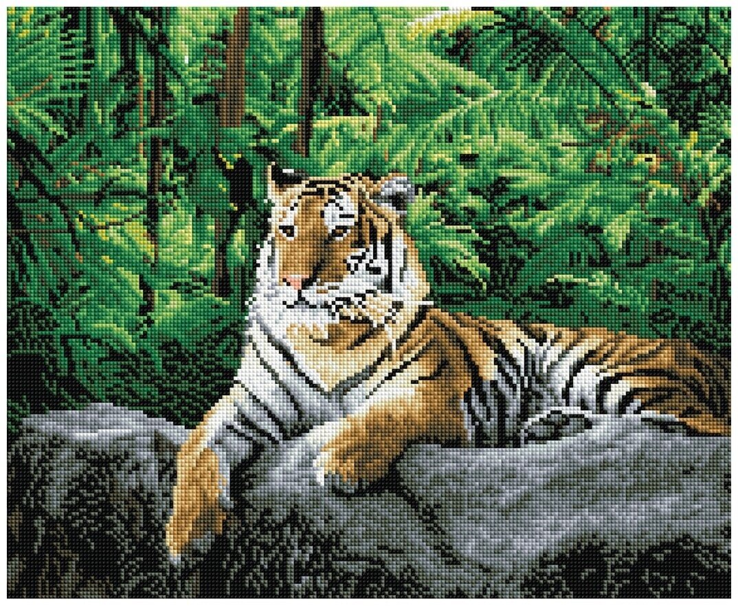 Алмазная мозаика ТРИ совы "Тигр в джунглях", 40х50 см, холст, 26 цветов, картонная коробка с пластиковой ручкой (АМ4050_47563)
