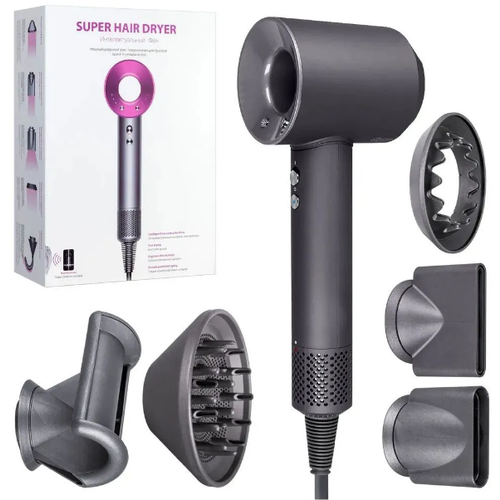 Супер фен для волос / Набор для укладки волос / Супер фен Super Hair Dryer с 5 насадками, серый металлик