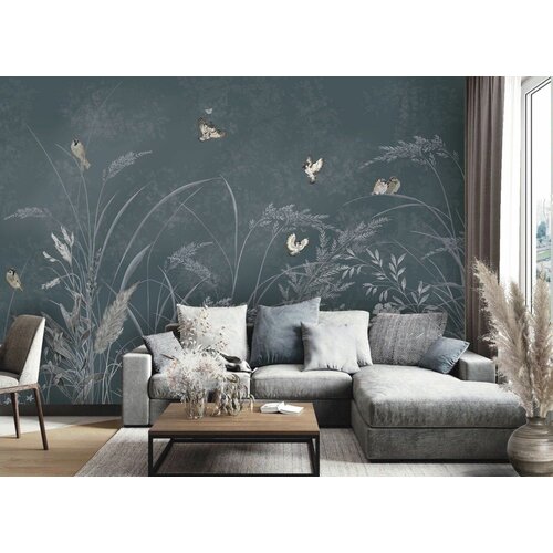 Фреска бесшовная Летний сад воробьи темно-серые (ширина 2750мм х длина 4000мм)