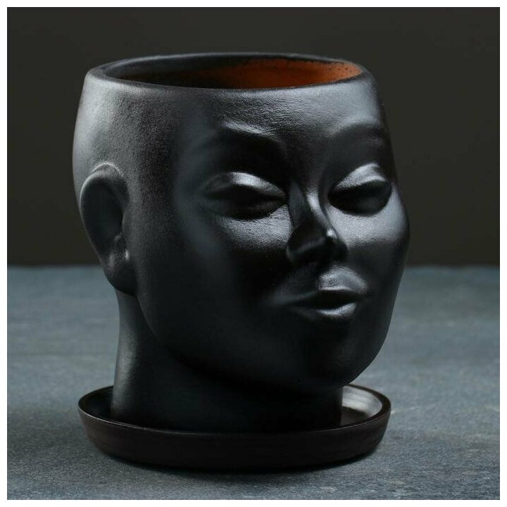 Кашпо-органайзер "Голова", чёрное, 1,3 л, 17х14х15 см, керамика, декоративный горшок для цветов