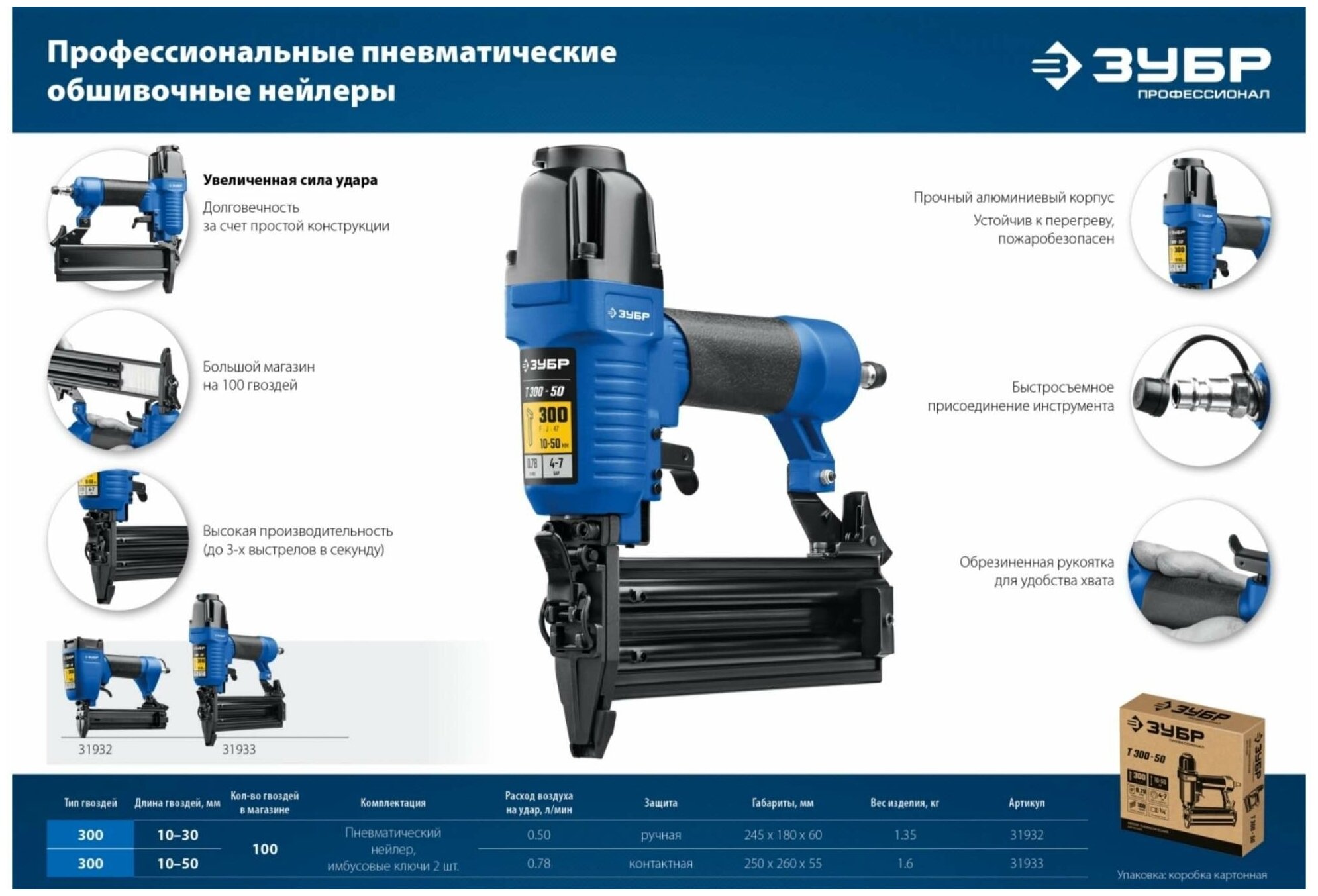Пневматический нейлер ЗУБР Профессионал Т300-50 (10-50 мм) 31933 - фотография № 6