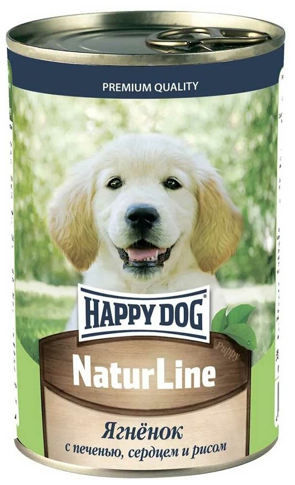 Консервы для щенков Happy Dog ягненок печень сердце и рис natur line 410г